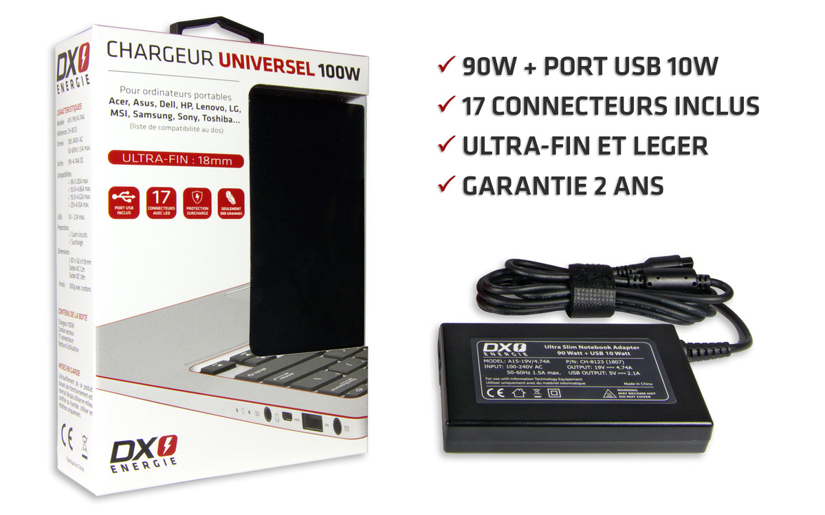 Chargeur universel 19V 90W + USB 10W avec 17 connecteurs inclus